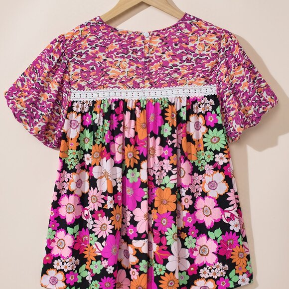 🌹 Rose Red Bubble Sleeve Lace Trim Floral Mixed Print Blouse - Picture 6 of 14